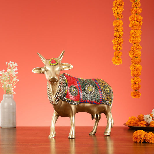 Brass Standing Cow Idol - Gomatha Statue with stonework | 13 inch - Budhshiv.com