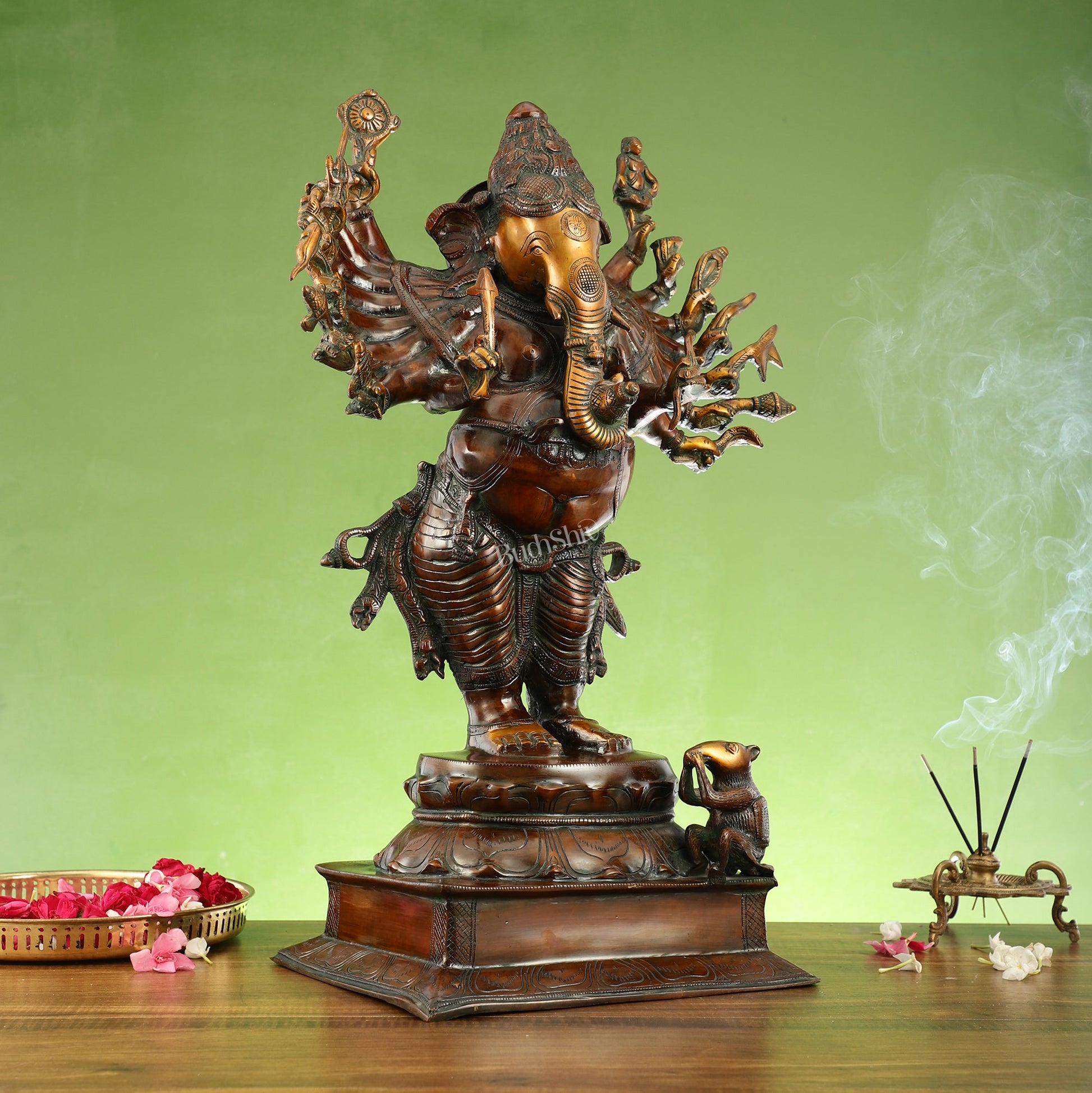 Brass Standing Ganesha with 16 arms 23 " - Budhshiv.com