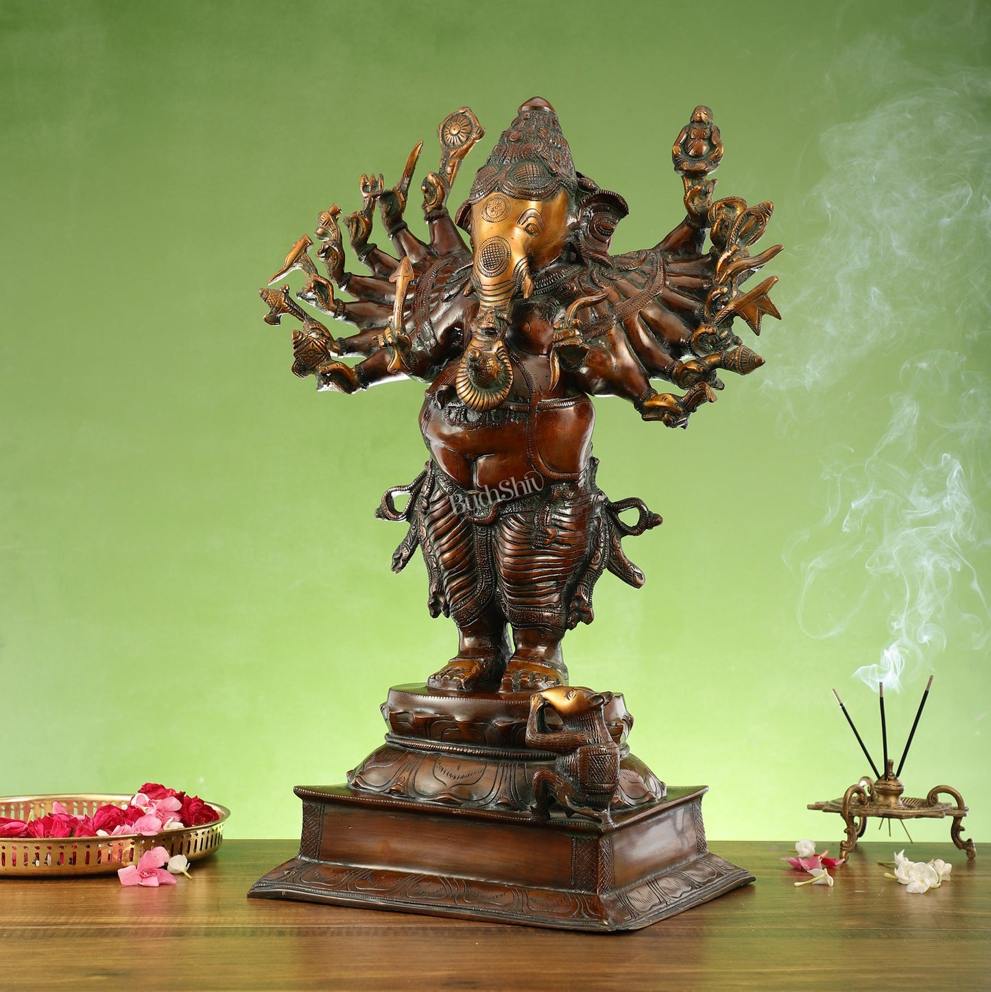 Brass Standing Ganesha with 16 arms 23 " - Budhshiv.com