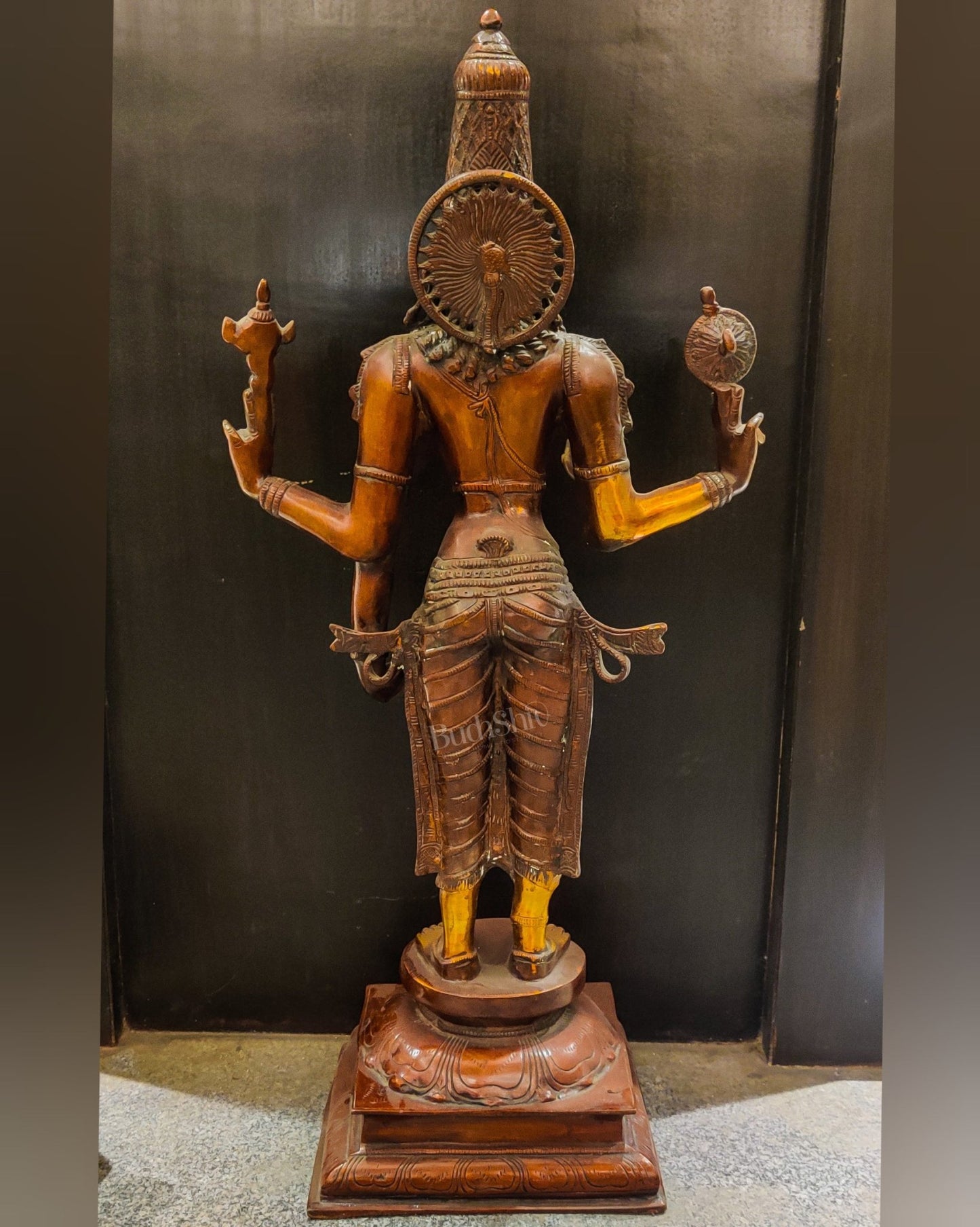 Brass Standing Vishnu 30" Antiqie Brown Gold - Budhshiv.com