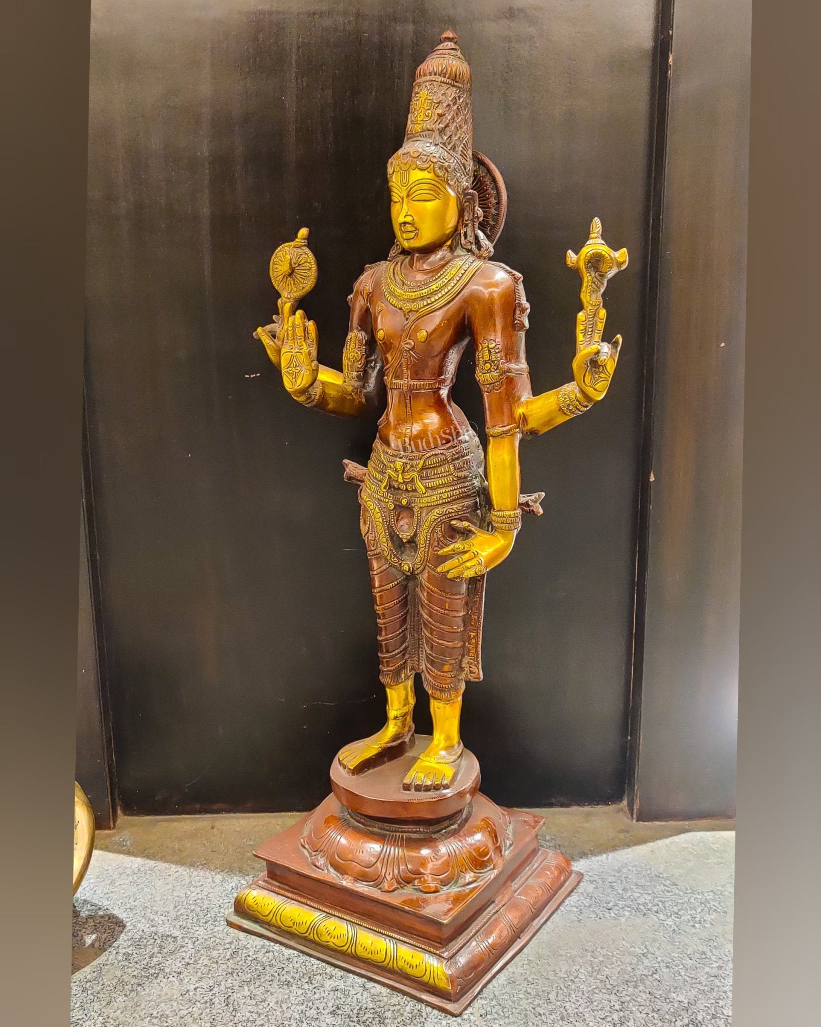 Brass Standing Vishnu 30" Antiqie Brown Gold - Budhshiv.com