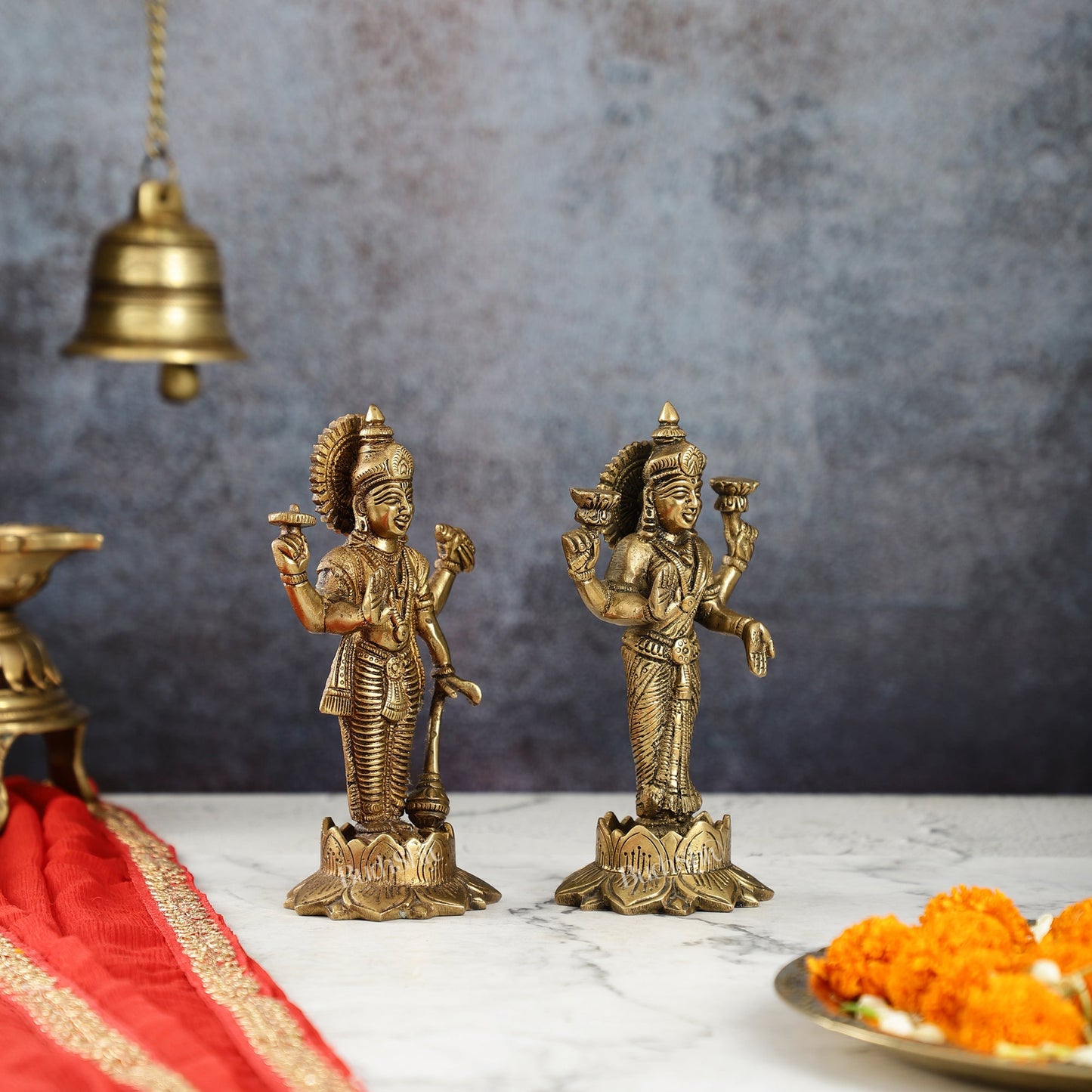 Brass Standing Vishnu Lakshmi 7" antique finish - Budhshiv.com