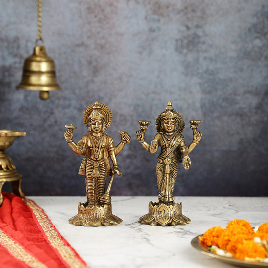 Brass Standing Vishnu Lakshmi 7" antique finish - Budhshiv.com