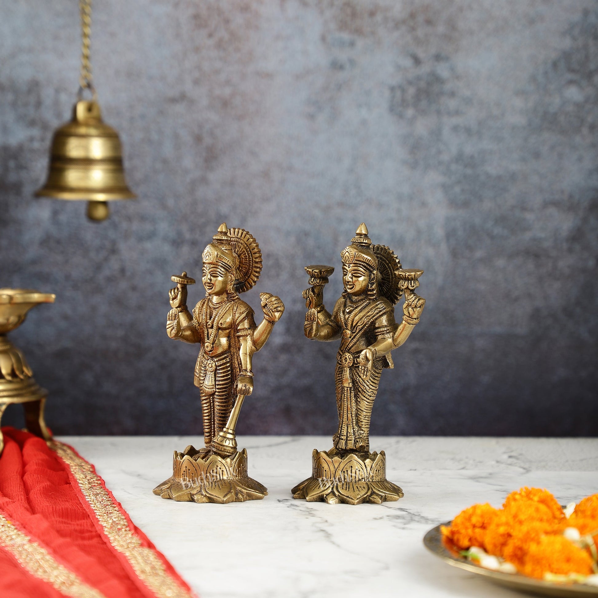 Brass Standing Vishnu Lakshmi 7" antique finish - Budhshiv.com