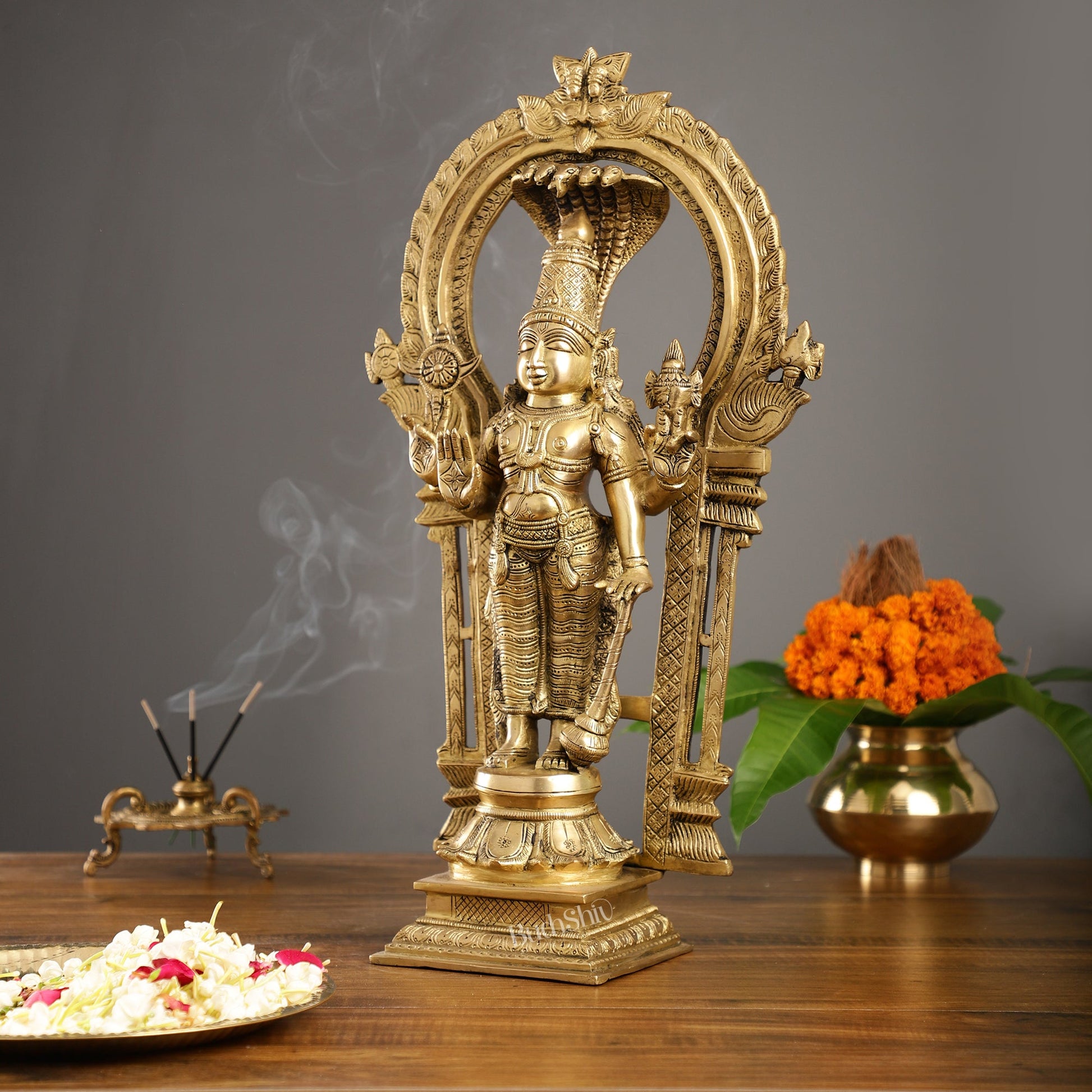 Brass Standing Vishnu with Sheshanaaga and Prabhavali - Budhshiv.com