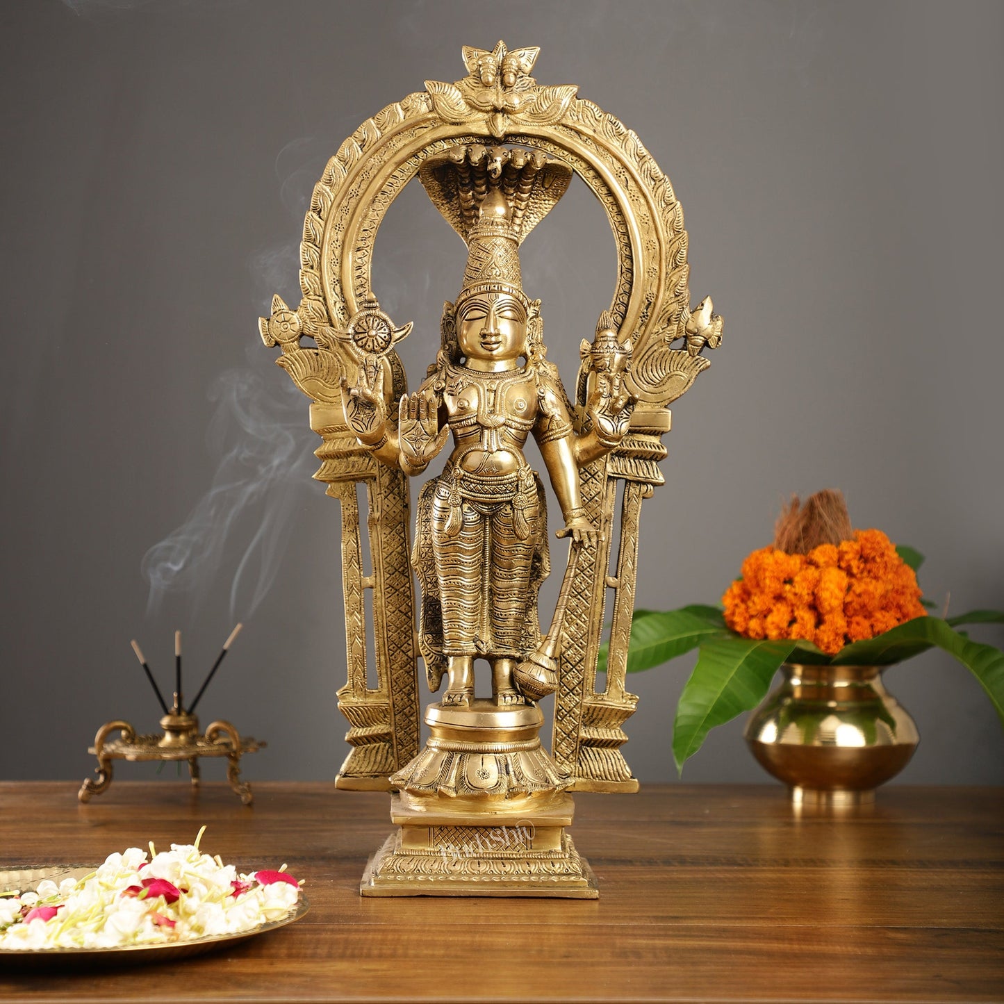 Brass Standing Vishnu with Sheshanaaga and Prabhavali - Budhshiv.com