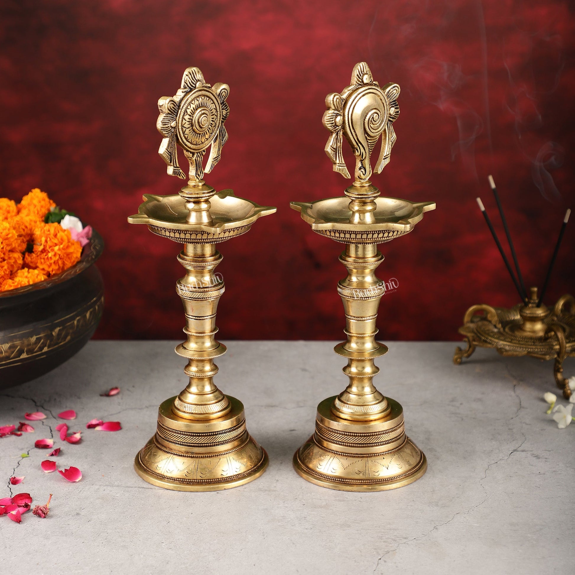 Brass Superfine 12-Inch Shankh and Chakra Oil Lamp Vilakku - Budhshiv.com