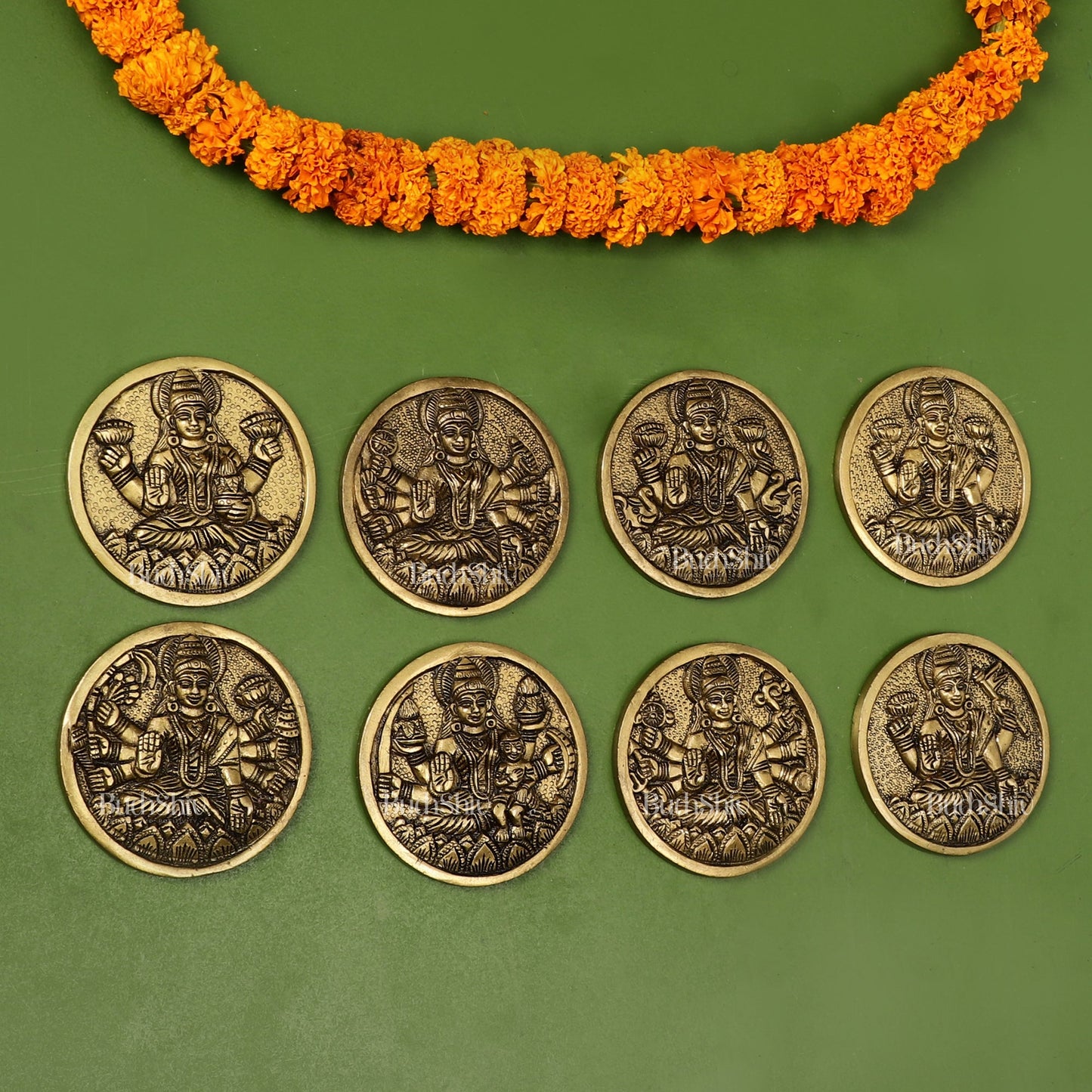 Brass Superfine Ashtalakshmi Round Wall Hangings Set - 4x4 inch - Budhshiv.com