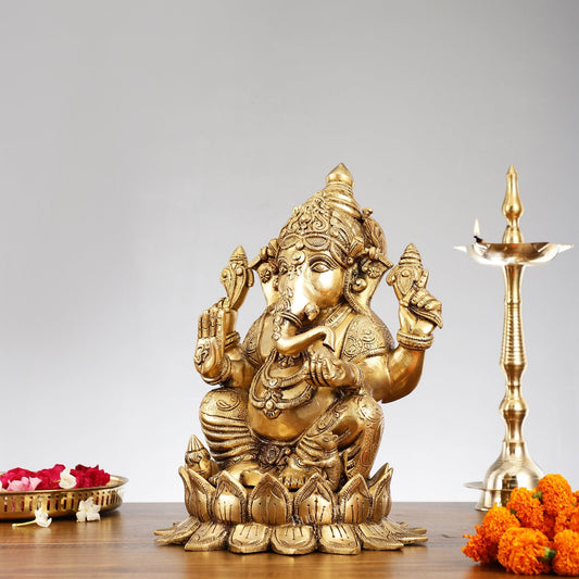 Brass Superfine Big Lord Ganesha Idol for Entrance or Home Temple | Height 15.5 inch - Budhshiv.com