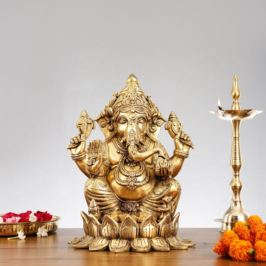 Brass Superfine Big Lord Ganesha Idol for Entrance or Home Temple | Height 15.5 inch - Budhshiv.com
