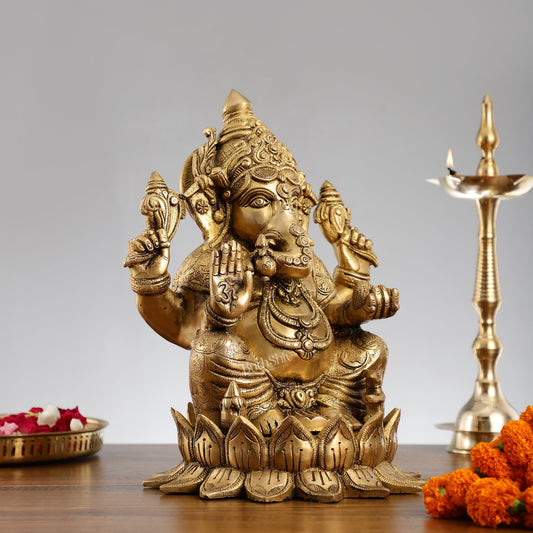 Brass Superfine Big Lord Ganesha Idol (Right Side Trunk) for Entrance or Home Temple | Height 15.5 inch - Budhshiv.com
