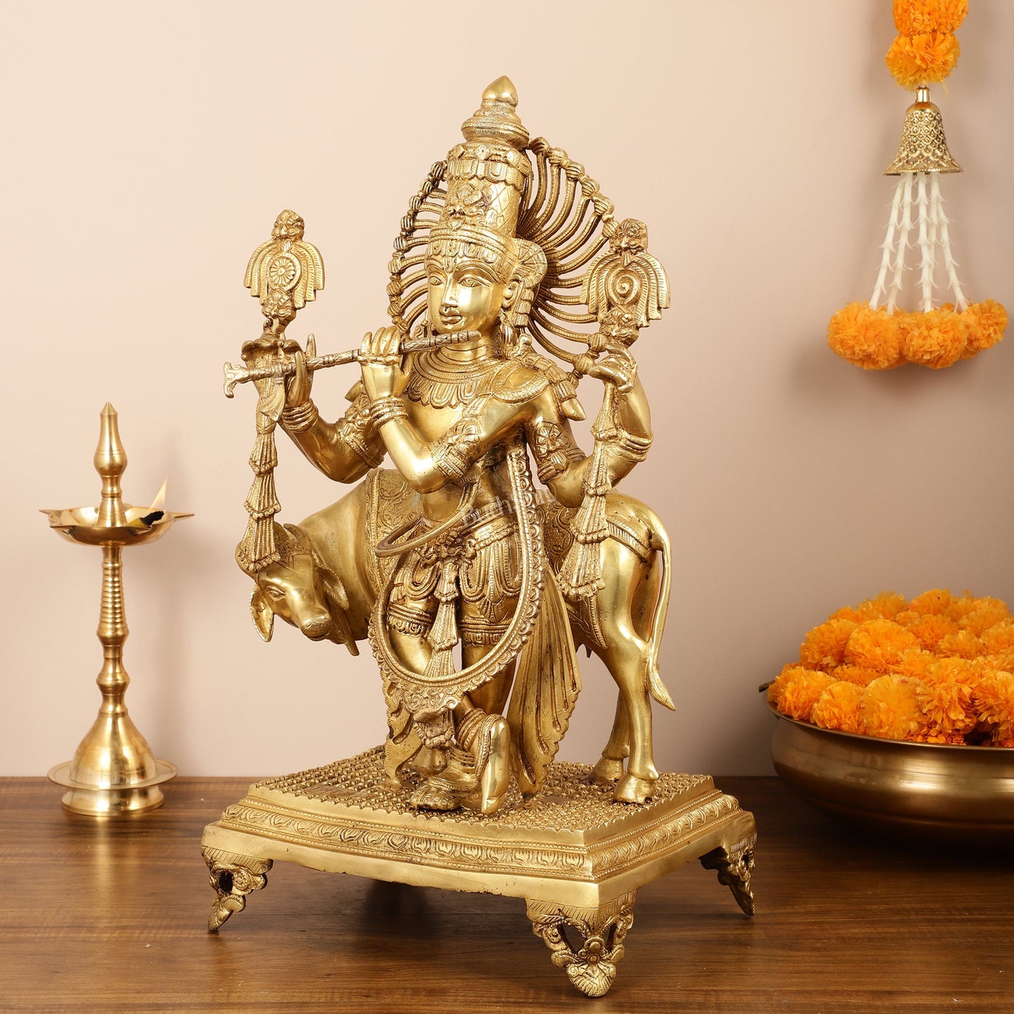 Brass Superfine Chaturbhuja Lord Krishna Statue with cow - 24 inch - Budhshiv.com