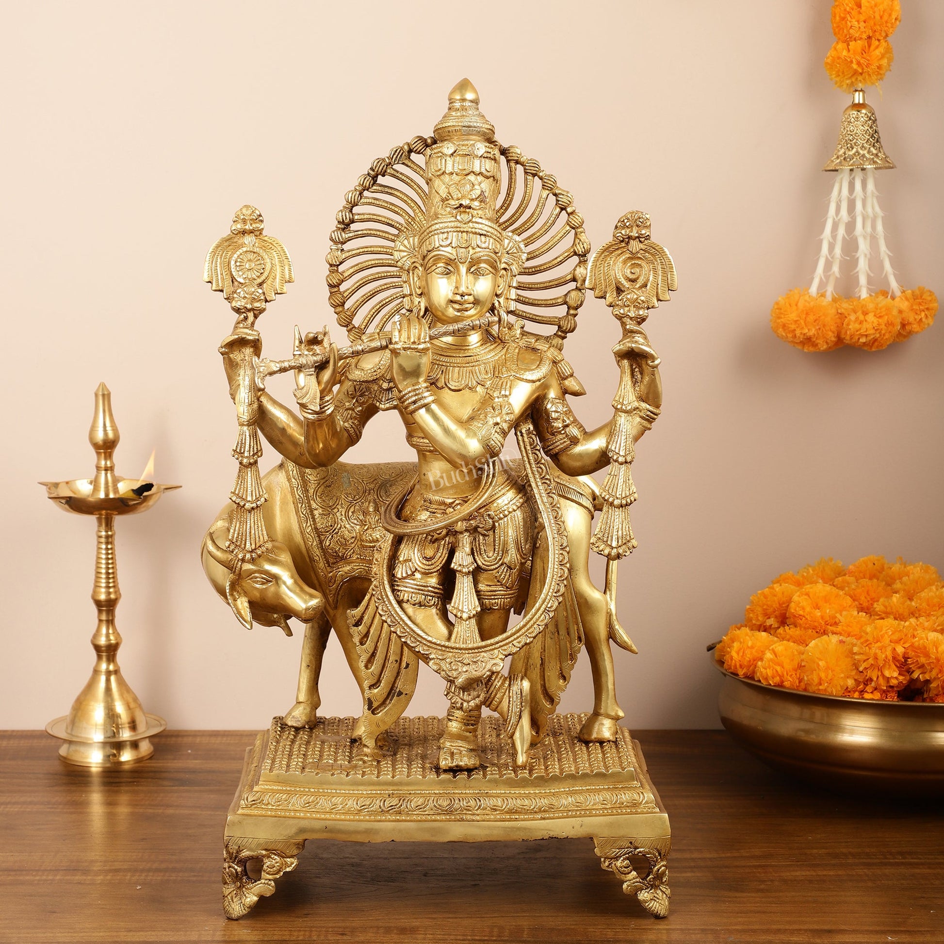 Brass Superfine Chaturbhuja Lord Krishna Statue with cow - 24 inch - Budhshiv.com