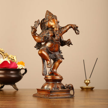 Brass Superfine Dancing Ganesha Statue - 12.5" Antique Bronze Finish - Budhshiv.com