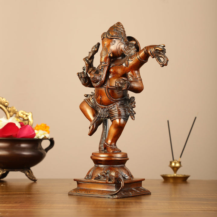 Brass Superfine Dancing Ganesha Statue - 12.5" Antique Bronze Finish - Budhshiv.com