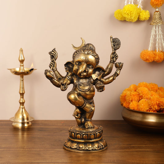 Brass Superfine Dancing Ganesha with 6 arms Idol - 15.5 Inch - Budhshiv.com