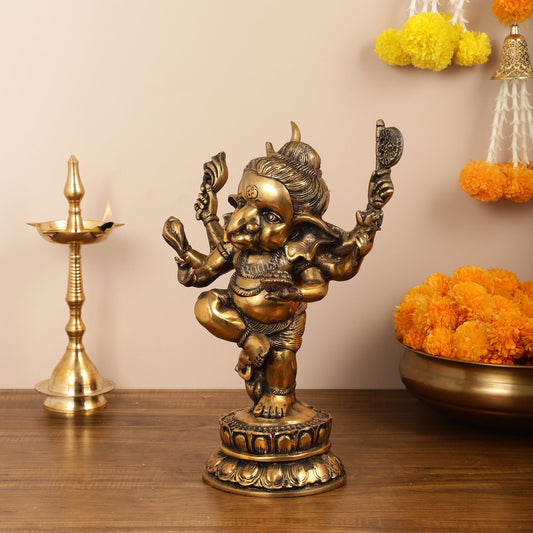 Brass Superfine Dancing Ganesha with 6 arms Idol - 15.5 Inch - Budhshiv.com