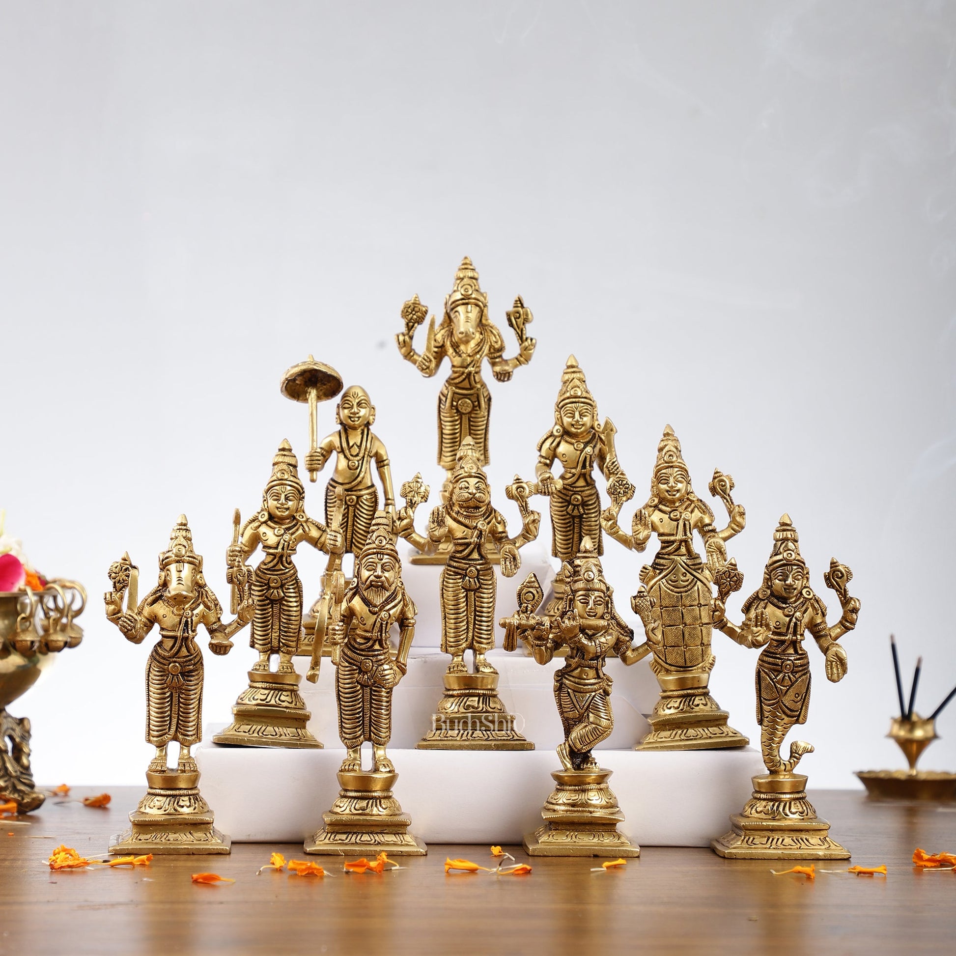 Brass Superfine Dashavataram set 6" Vishnu Dashavatar idols - Budhshiv.com