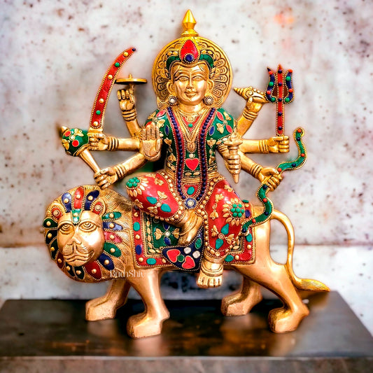 Brass Superfine Durga Statue 14" stonework - Budhshiv.com