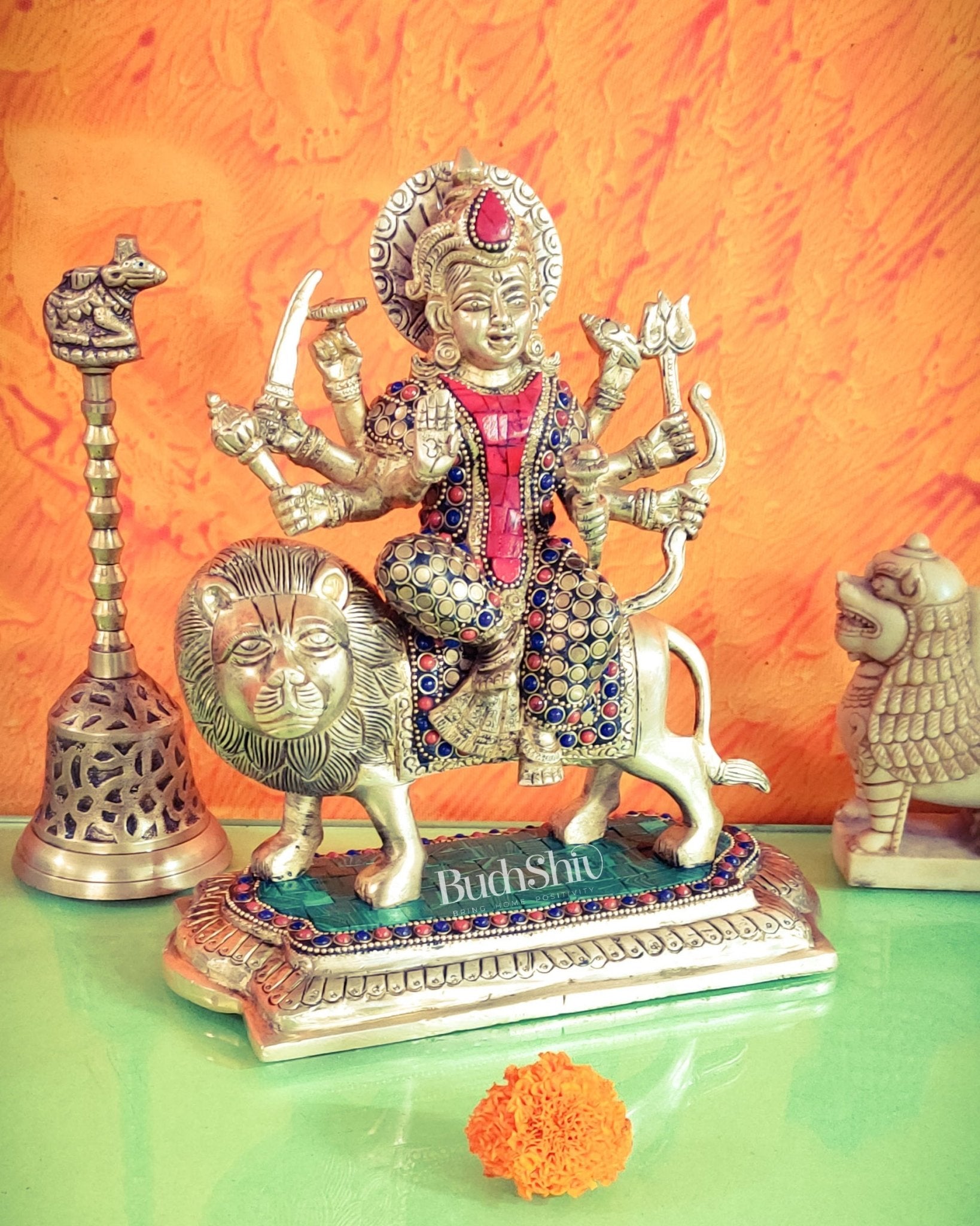 Brass Superfine Durga statue with Stonework 10 " - Budhshiv.com