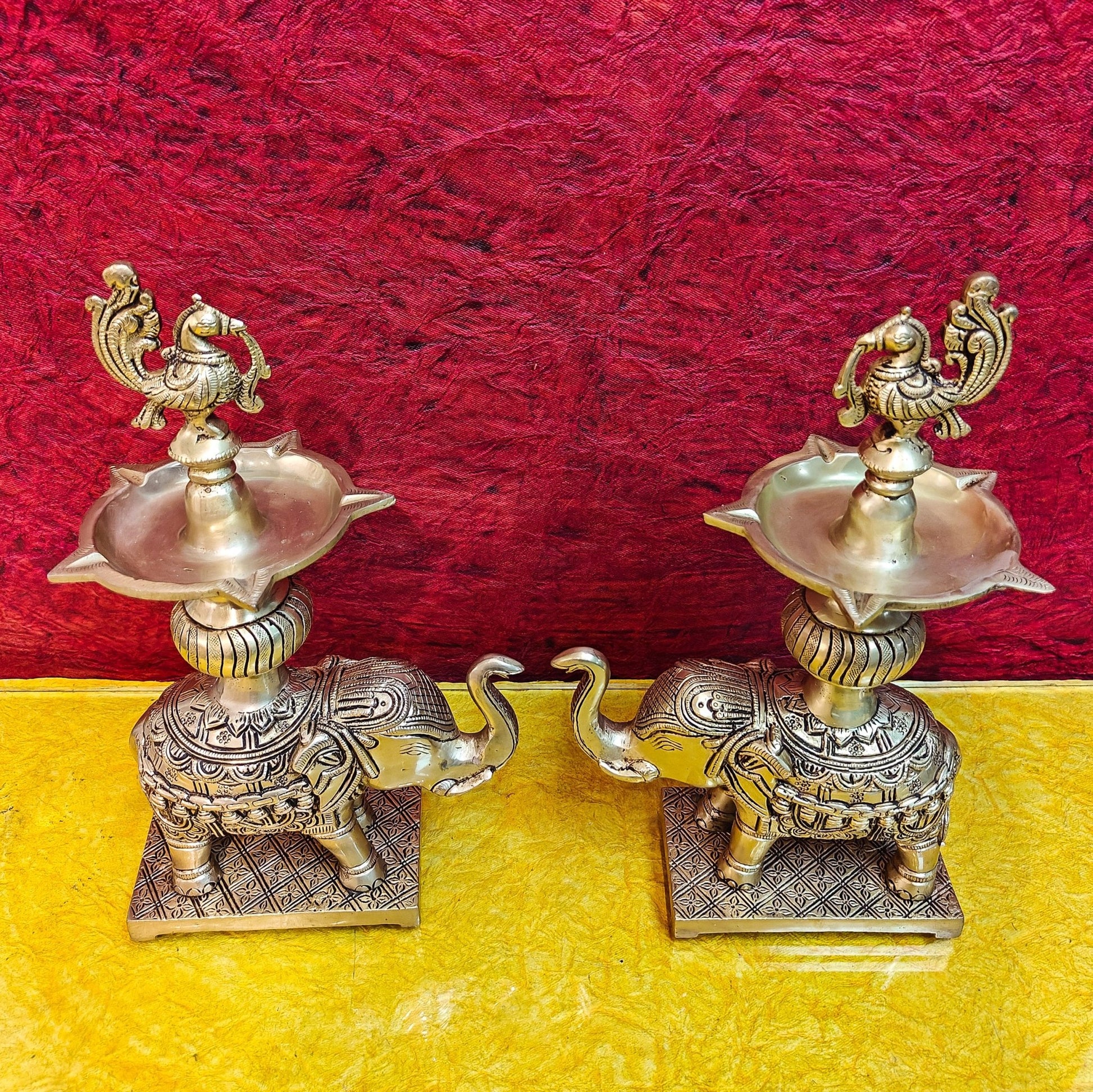 Brass Superfine Elephant with peacock lamp 11" - Budhshiv.com