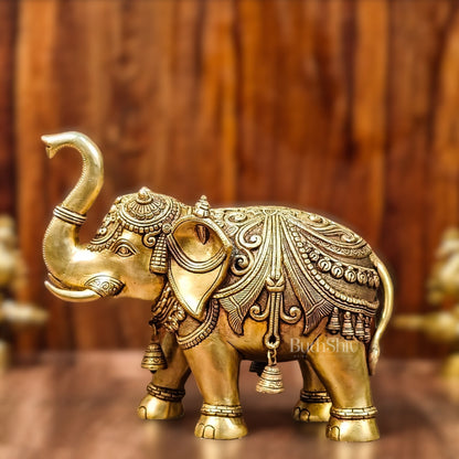 Brass Superfine Elephant with trunk up statue 12" - Budhshiv.com