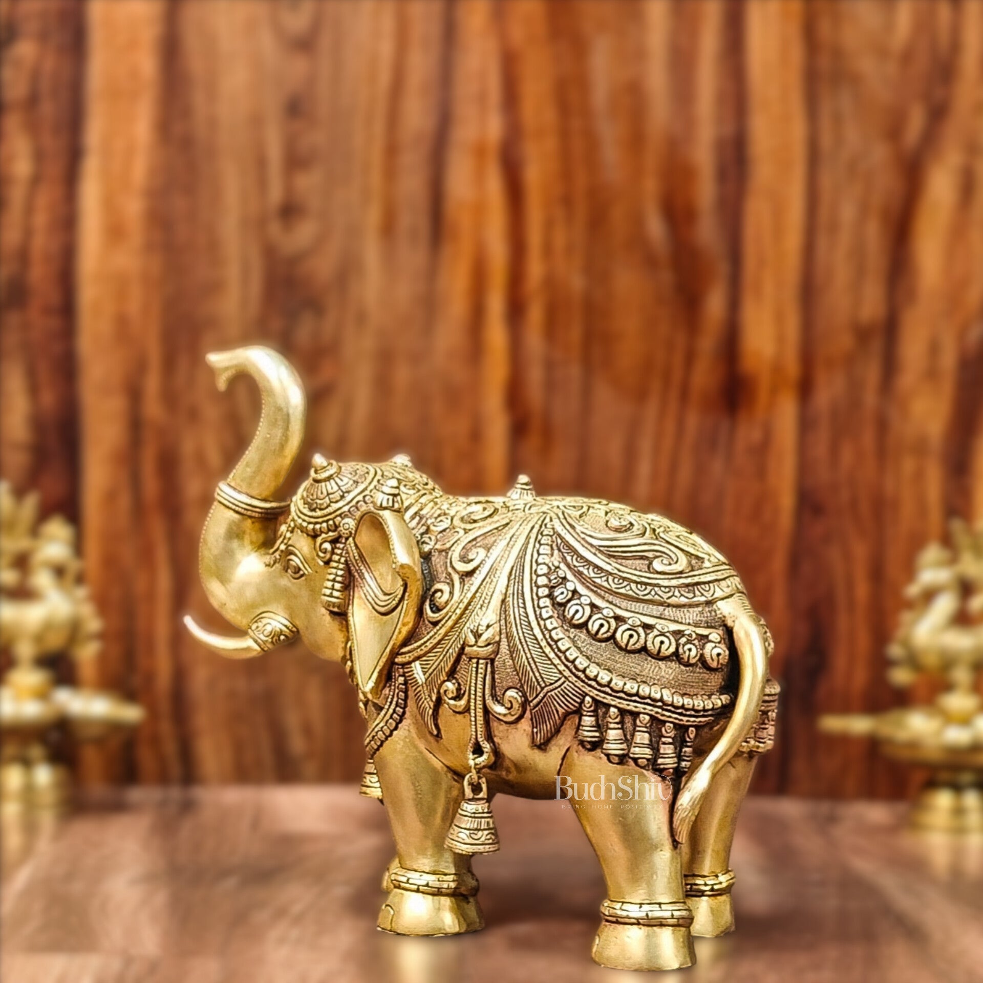 Brass Superfine Elephant with trunk up statue 12" - Budhshiv.com