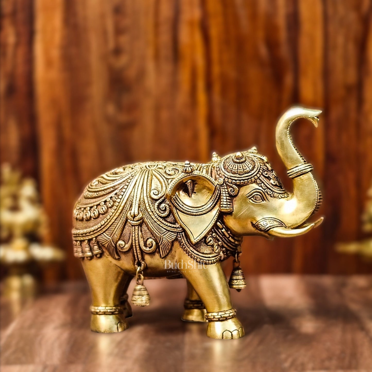 Brass Superfine Elephant with trunk up statue 12" - Budhshiv.com