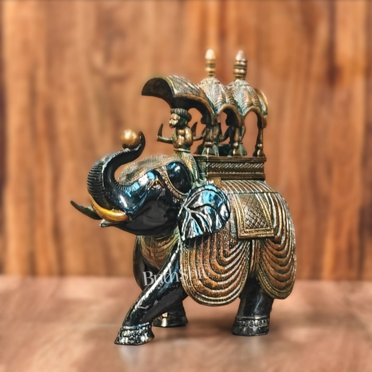 Brass Superfine Elephant with trunk up statue 12" - Budhshiv.com