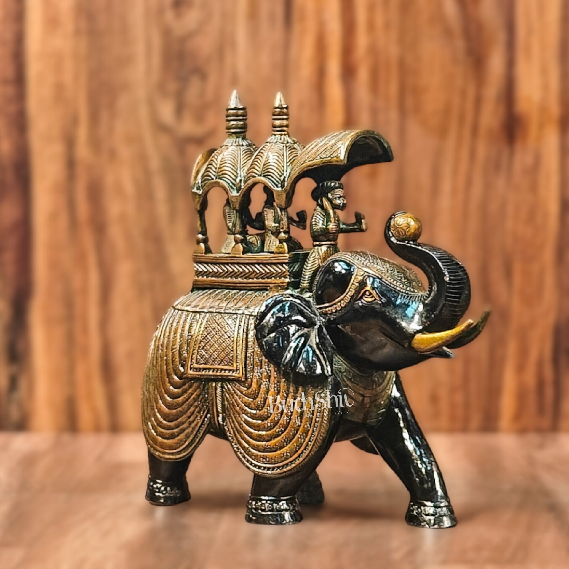 Brass Superfine Elephant with trunk up statue 12" - Budhshiv.com