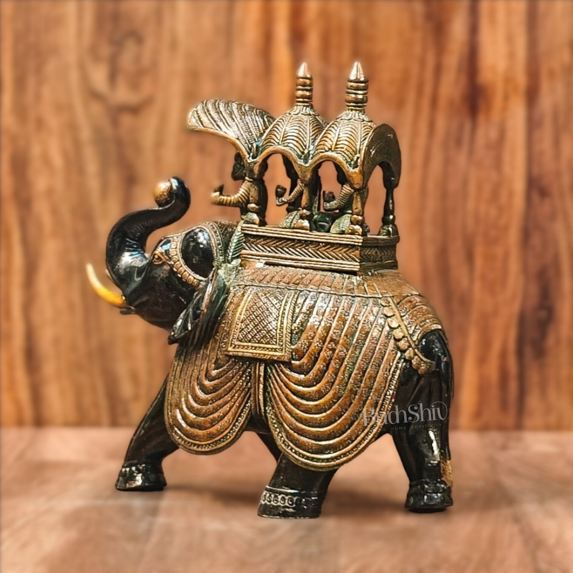 Brass Superfine Elephant with trunk up statue 12" - Budhshiv.com