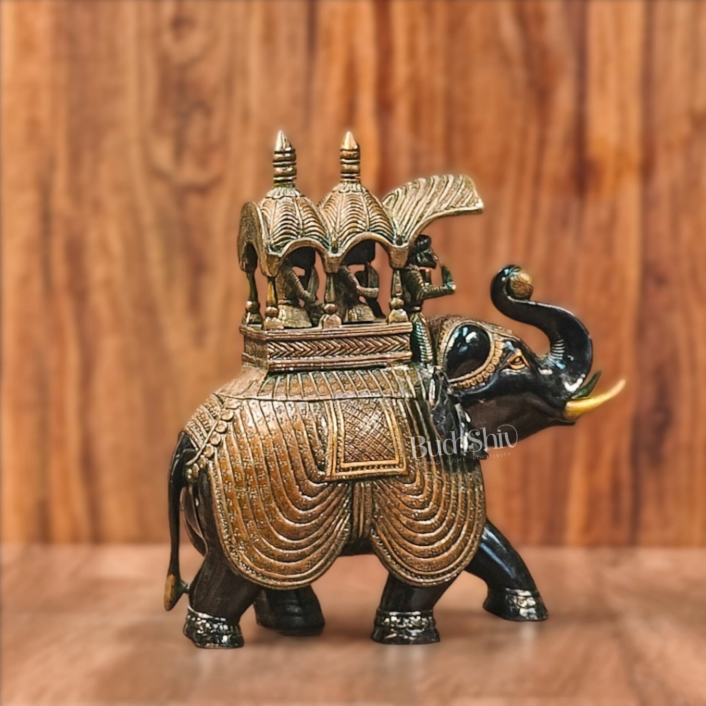 Brass Superfine Elephant with trunk up statue 12" - Budhshiv.com