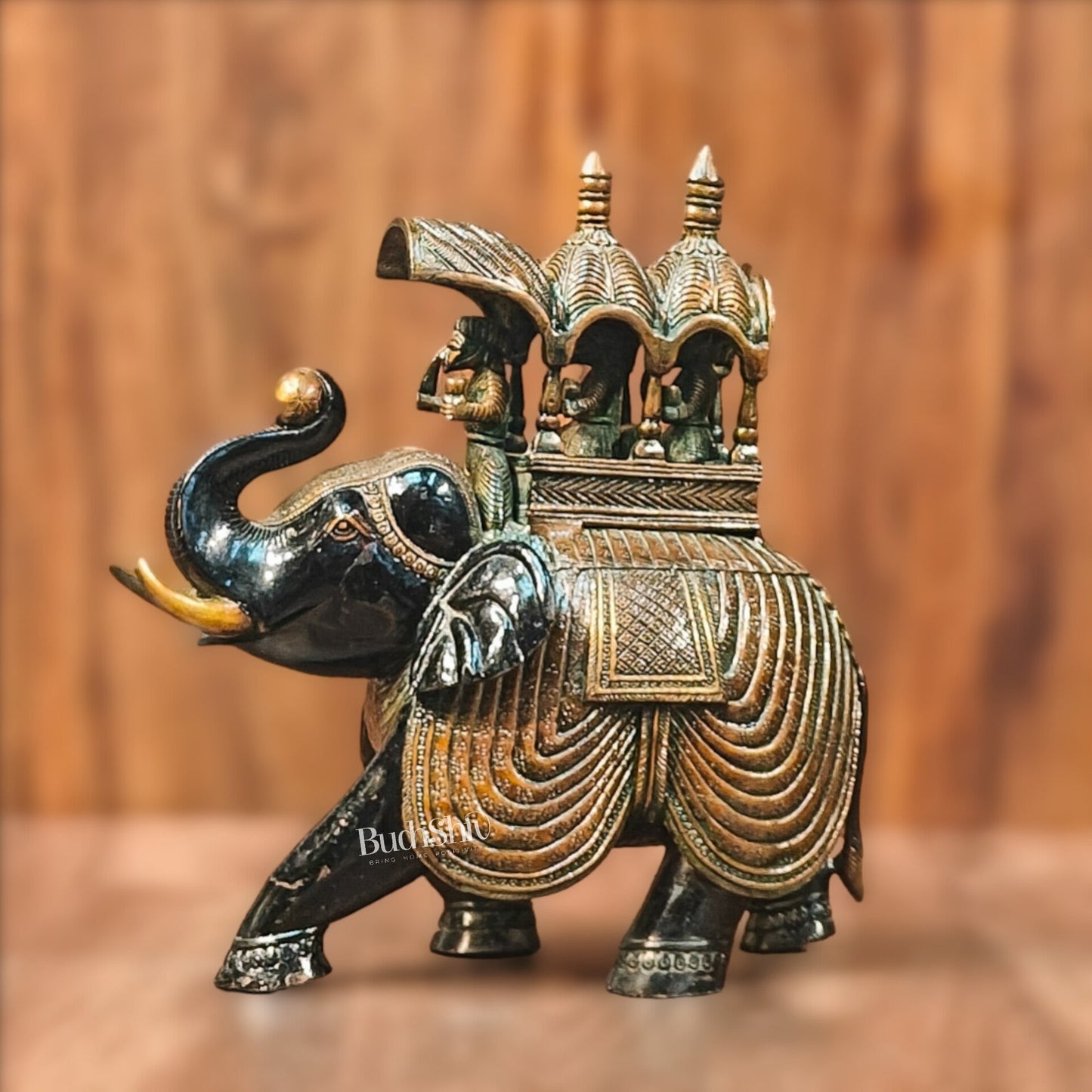 Brass Superfine Elephant with trunk up statue 12" - Budhshiv.com