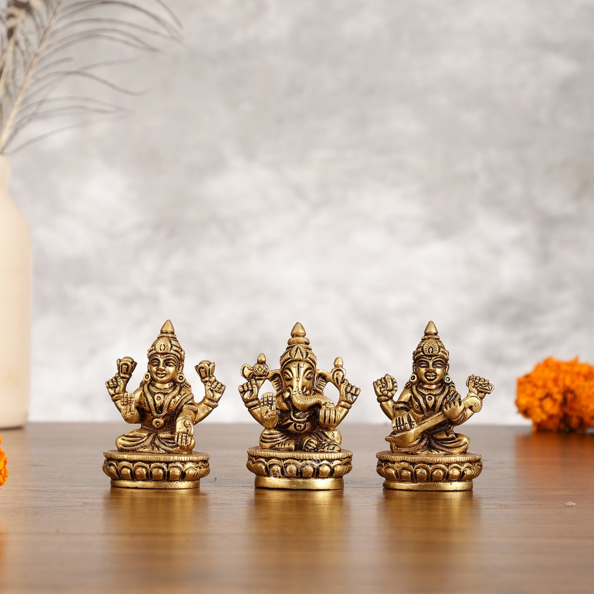 Brass Superfine Ganesh Lakshmi Saraswati Idol Set - 3-inch - Budhshiv.com