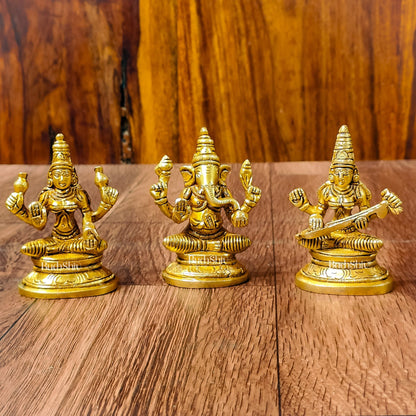 Brass Superfine Ganesh, Lakshmi, Saraswati Idols 3 inch - Budhshiv.com