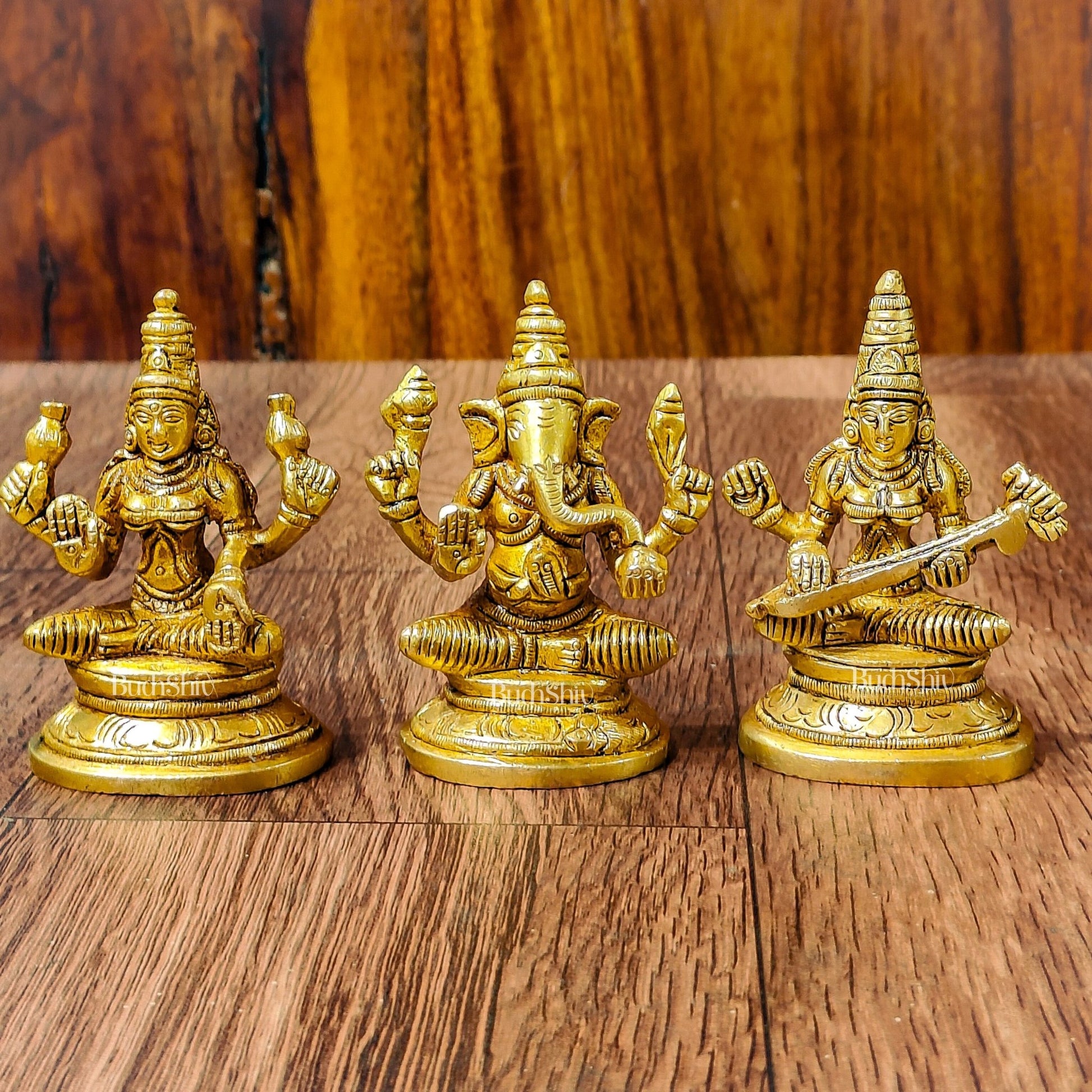 Brass Superfine Ganesh, Lakshmi, Saraswati Idols 3 inch - Budhshiv.com