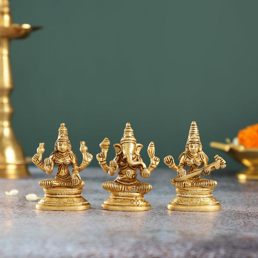 Brass Superfine Ganesh, Lakshmi, Saraswati Idols 3 inch - Budhshiv.com