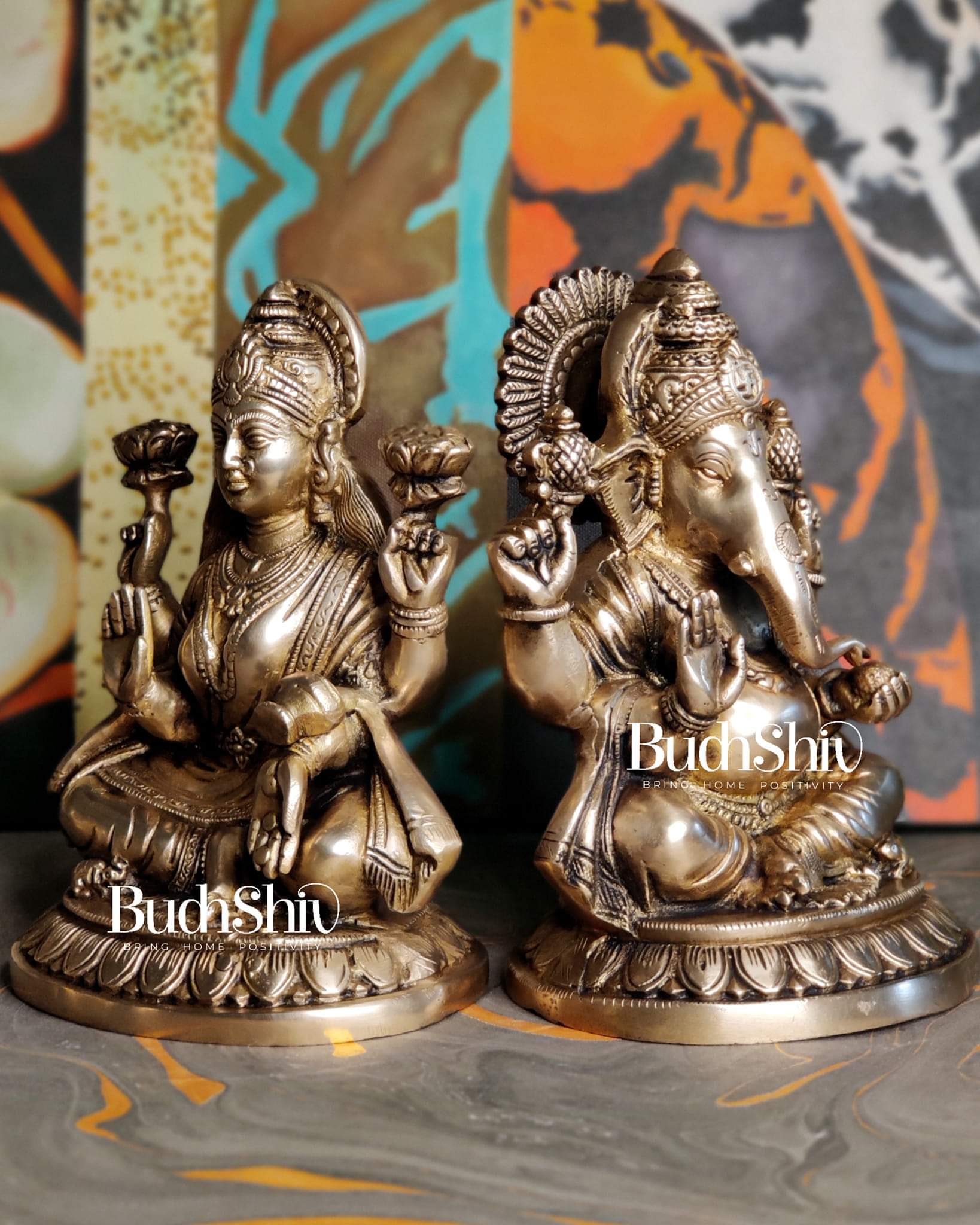Brass Superfine Ganesha and Lakshmi 8" - Budhshiv.com