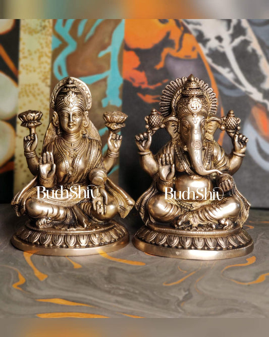 Brass Superfine Ganesha and Lakshmi 8" - Budhshiv.com