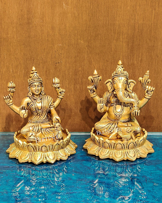 Brass Superfine Ganesha and Lakshmi idols 6" - Budhshiv.com