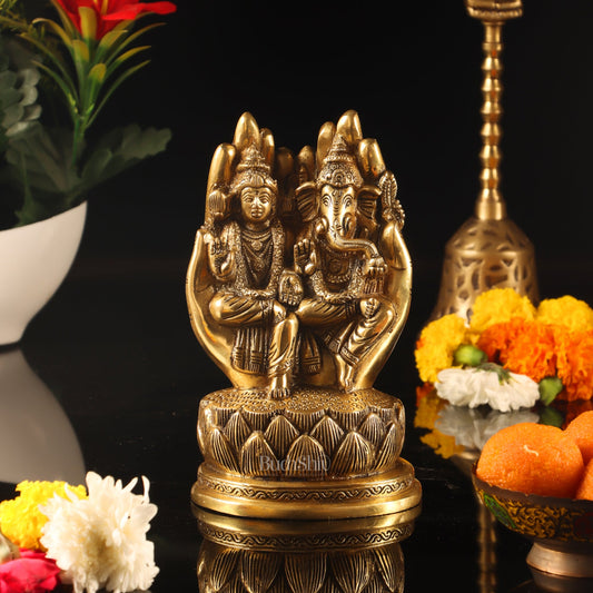 Brass Superfine Ganesha and Lakshmi Seated 6.5" - Budhshiv.com