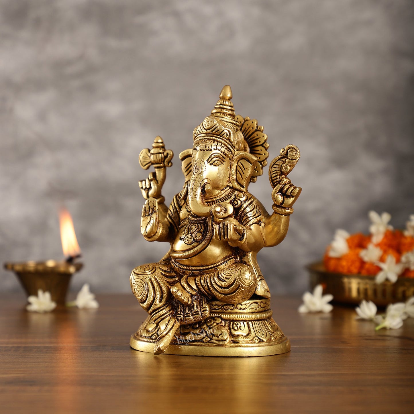 Brass Superfine Ganesha idol 8" antique gold - Budhshiv.com