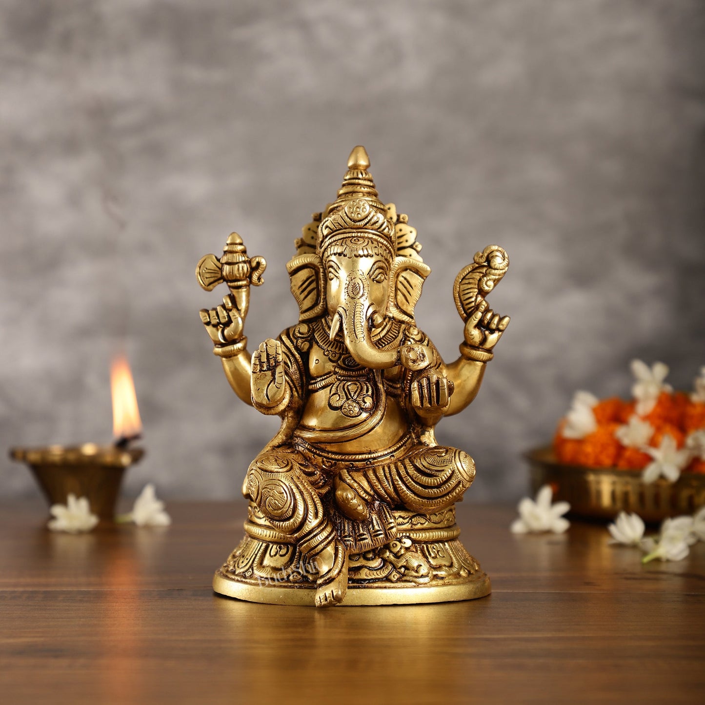 Brass Superfine Ganesha idol 8" antique gold - Budhshiv.com