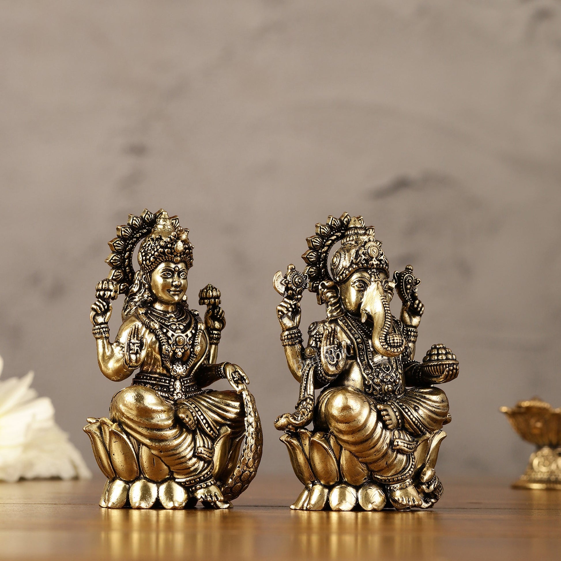 Brass Superfine Ganesha Lakshmi Idols - 3" Height | Intricate Lightweight Duo - Budhshiv.com