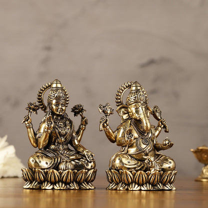 Brass Superfine Ganesha Lakshmi Idols - 3.5" Height | Intricate Lightweight Duo - Budhshiv.com