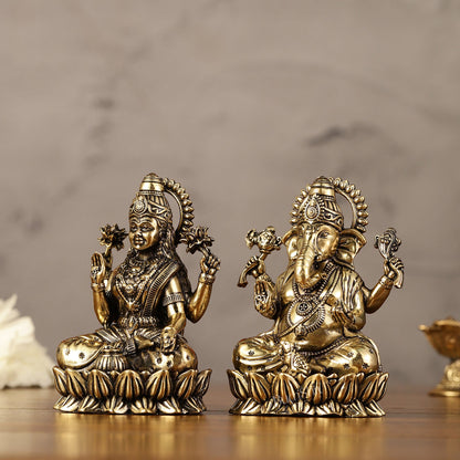 Brass Superfine Ganesha Lakshmi Idols - 3.5" Height | Intricate Lightweight Duo - Budhshiv.com