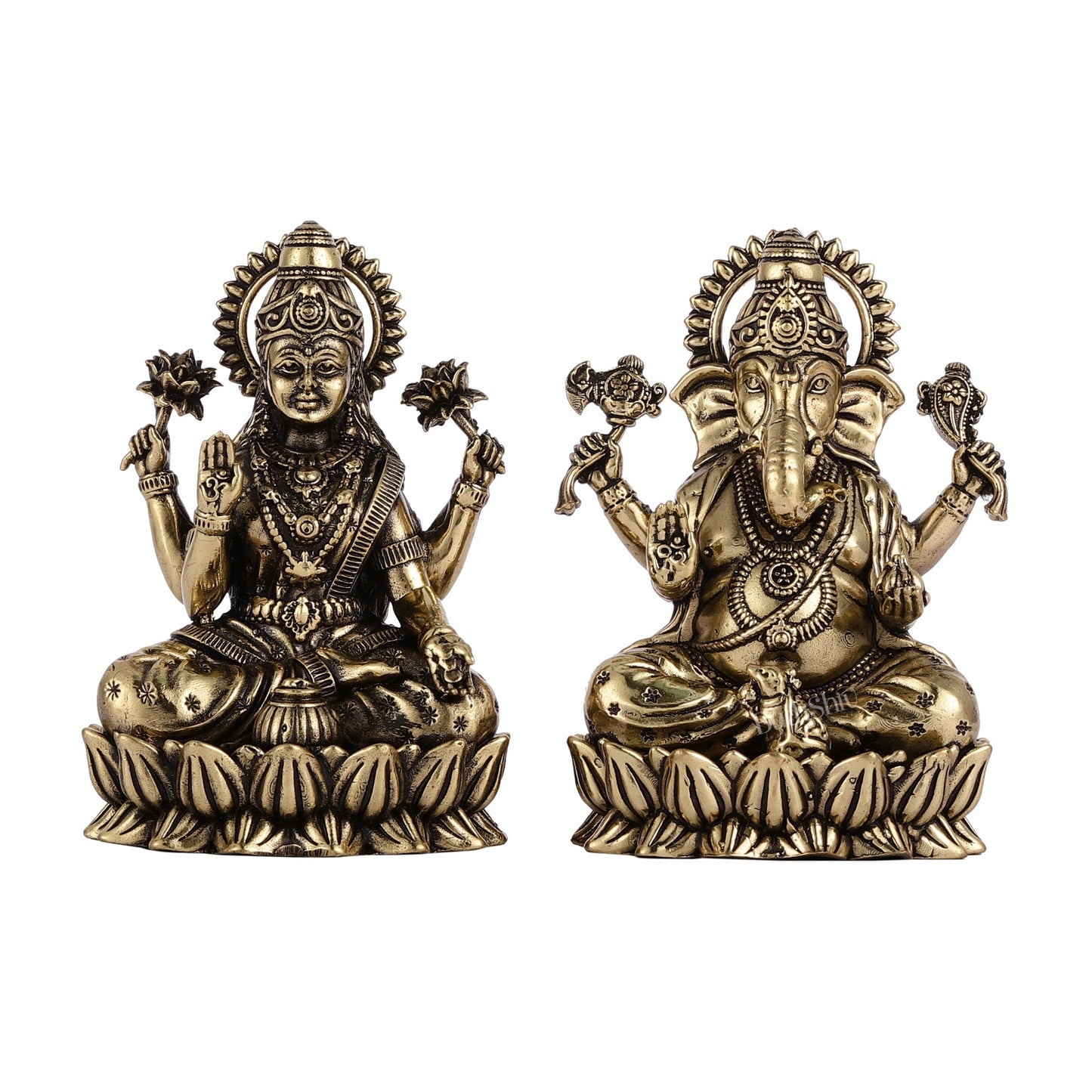 Brass Superfine Ganesha Lakshmi Idols - 3.5" Height | Intricate Lightweight Duo - Budhshiv.com