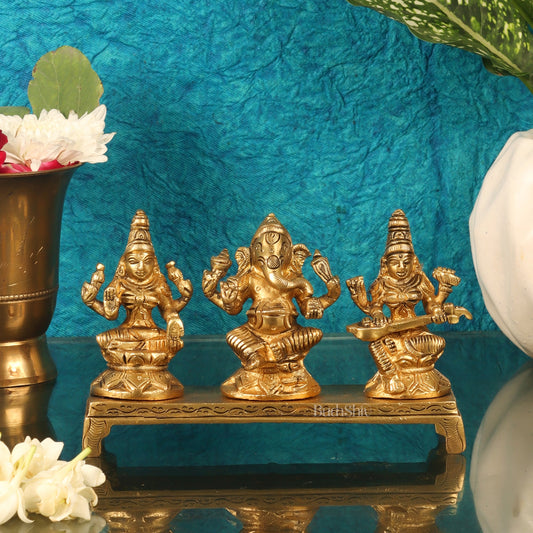 Brass Superfine Ganesha, Lakshmi, Saraswati Idols - Hand Carved, 3 inch - Budhshiv.com