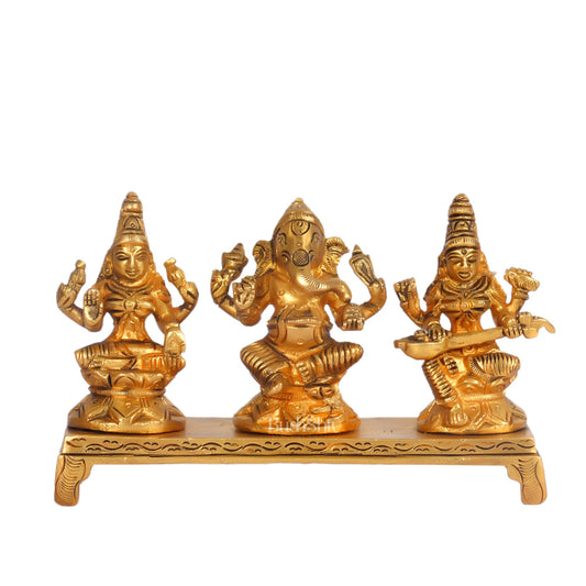 Brass Superfine Ganesha, Lakshmi, Saraswati Idols - Hand Carved, 3 inch - Budhshiv.com
