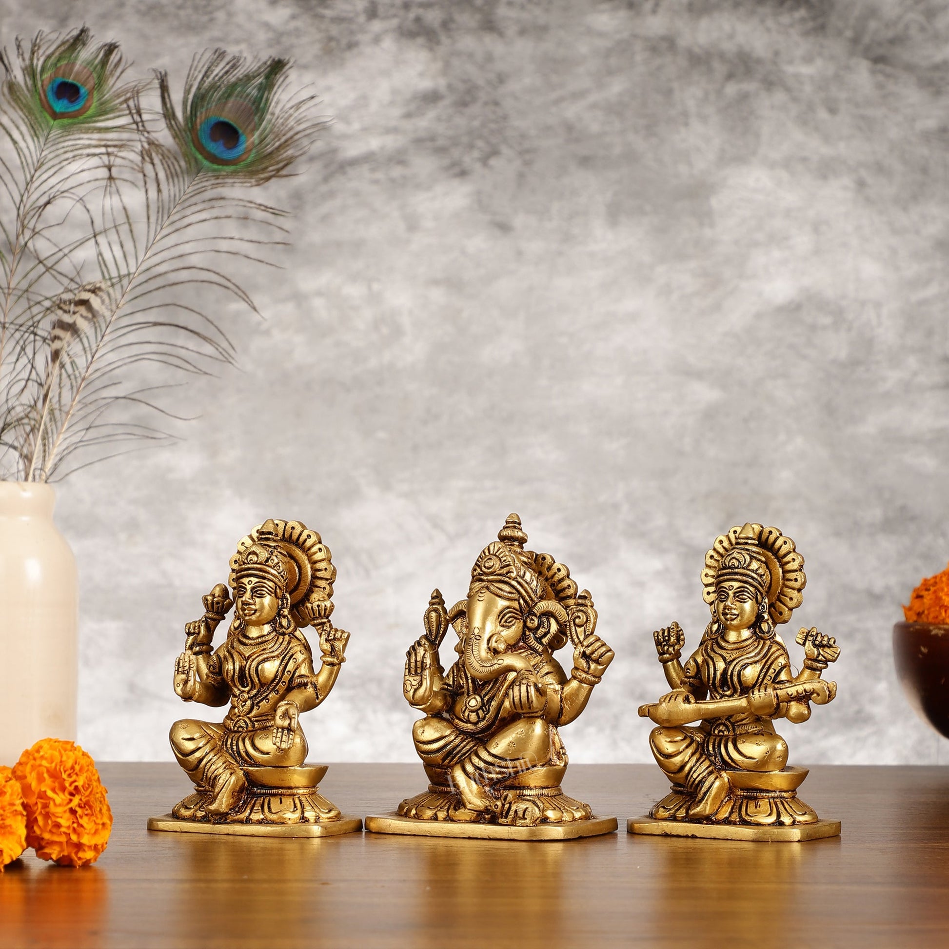 Brass Superfine Ganesha Lakshmi Saraswati Idols Set - 5 Inch - Budhshiv.com